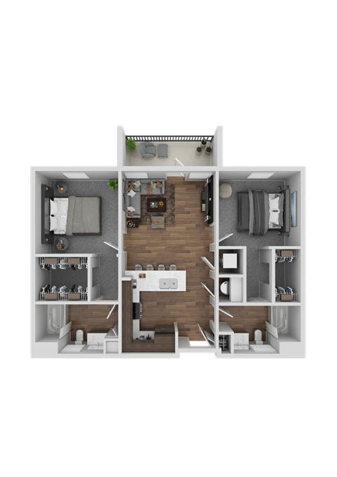 A 3D floor plan of a small apartment with a kitchen, living room, and two bedrooms.